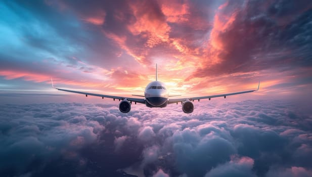 Airplane Soaring at Sunset. Journey Through Colorful Cloudscape