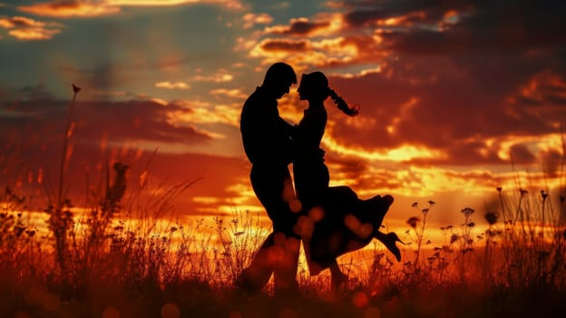 Silhouette of a Couple Embracing in a Field at Sunset