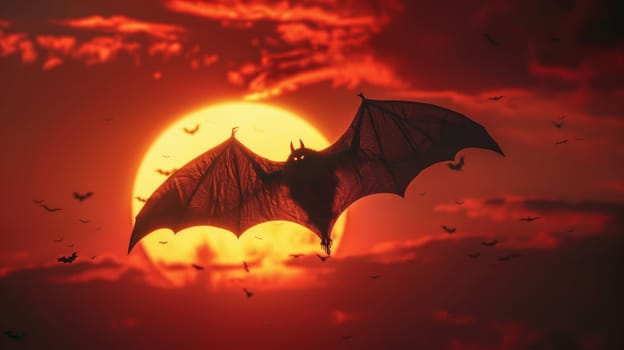 Halloween Night. Silhouette of Bat Against a Fiery Sunset