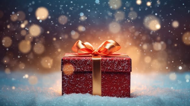 Red Christmas gift box tied with golden ribbon on snow with bokeh lights background. Festive holiday season, celebration and New Year concept