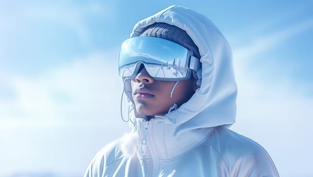Person in white winter gear experiences the metaverse through VR headset, showcasing the potential of virtual reality in cold environments.