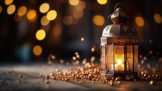 Glowing Lantern on a table with sparkling lights, creating a warm and festive atmosphere for Ramadan or Diwali.
