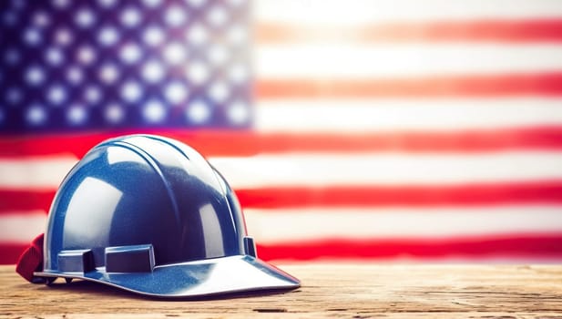 American Labor Day Concept. Blue Hard Hat Against US Flag Background