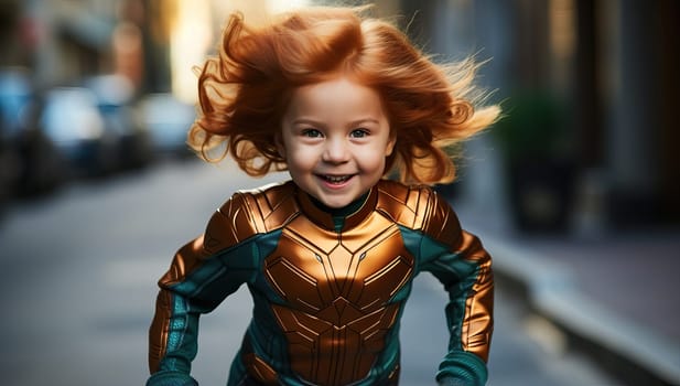 Joyful young redhead girl in a superhero costume running and playing on a city street. Concept of imagination, childhood, and strength.