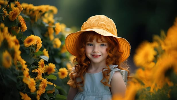 Cute redhead girl with a yellow hat smiling in a field of sunflowers