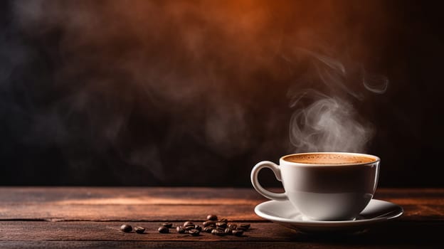 Steaming Cup of Coffee on Rustic Wooden Table with Coffee Beans