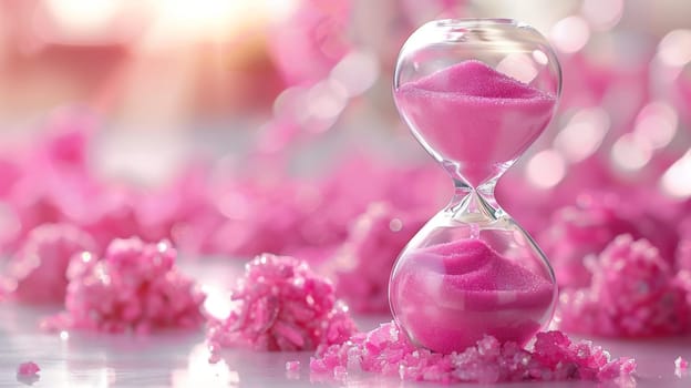 Pink Hourglass with Falling Sand on a Pink Background. Time, Beauty, and Transience