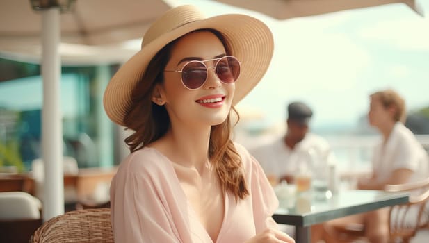 Stylish Woman in Sunglasses and Sun Hat Enjoys a Sunny Day at an Outdoor Cafe