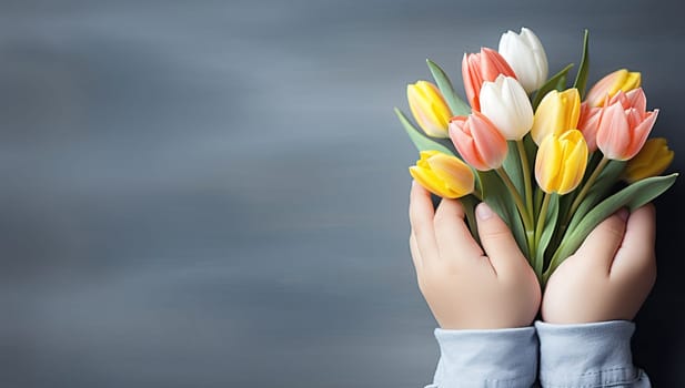Child's Hands Holding a Colorful Bouquet of Spring Tulips on a Dark Background with Copy Space