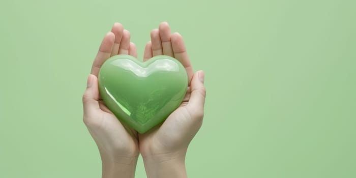Hands holding a green heart, symbolizing health, wellness, and environmental awareness.