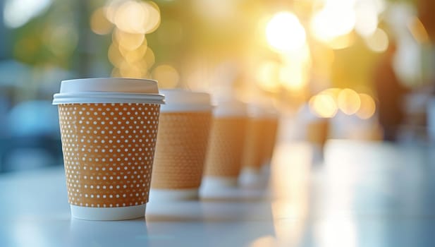 Disposable coffee cups on table in cafe with blurred background, emphasizing takeaway culture and urban lifestyle