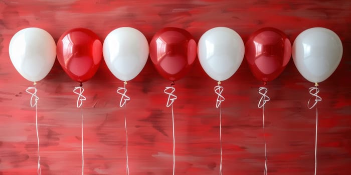 Festive red and white balloons on a red background. Perfect for birthday, Valentine's Day, or holiday celebrations.