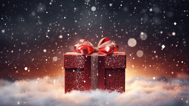 Red Christmas gift box with a bow on snowy surface with falling snow and bokeh lights. Perfect for Christmas or holiday themes.