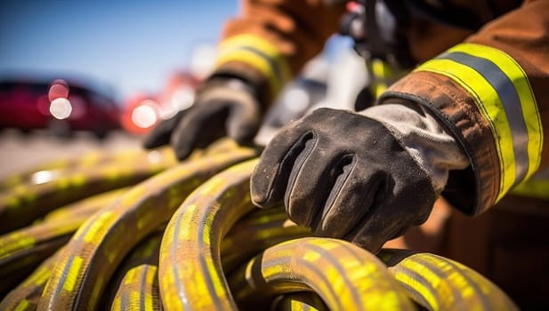 Close-up of Firefighter's Hands Holding a Fire Hose, Emphasizing Safety and Preparedness