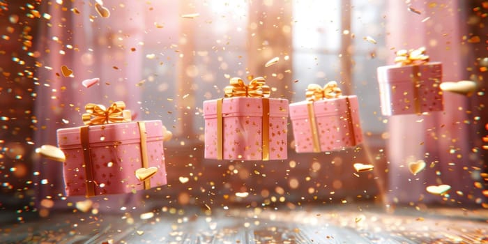 Pink gift boxes with golden ribbons floating amidst falling confetti. Celebration, surprise, birthday, special occasion concept.