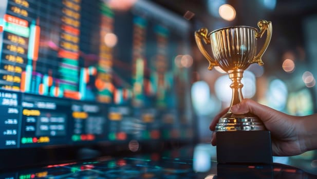 Golden trophy award in front of stock market or forex trading charts on computer screen. Concept of financial success, investment, and wealth.