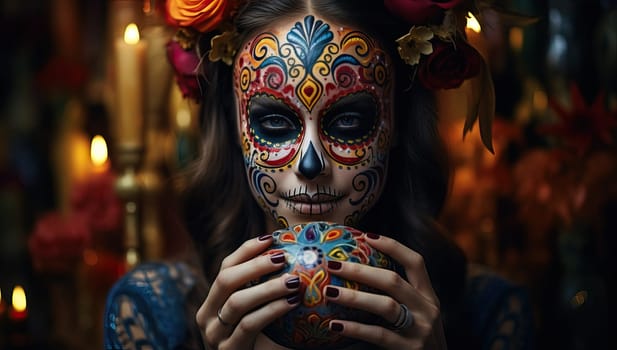 Woman with Sugar Skull Makeup for Day of the Dead Celebration