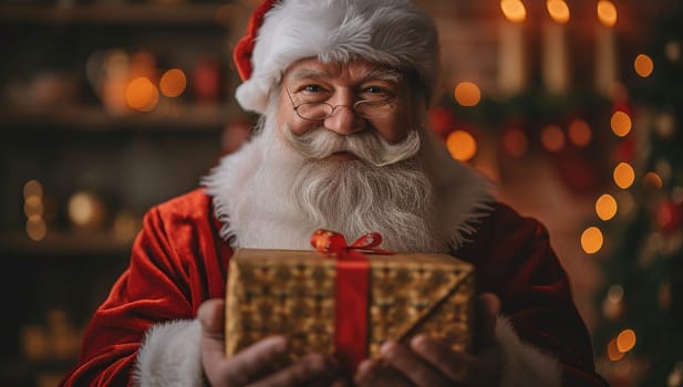 Jolly Santa Claus Holding a Christmas Present with Twinkle Lights Background