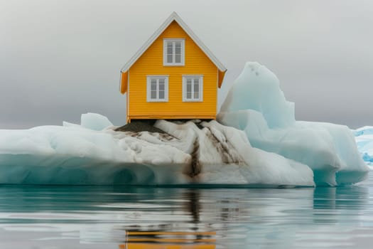 A little yellow wooden house sitting on iceberg. Dream life concept.  AI generated
