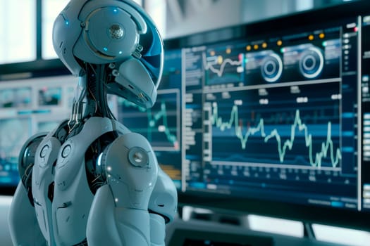 Future financial technology concept. Using machine learning and artificial intelligence to analyze business data and give advice on investment and trading decision.  AI generated