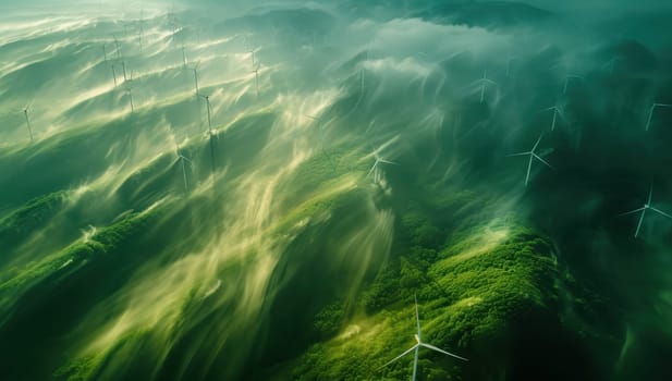 Wind Turbine Farm Under Water With Algae Bloom, Climate Change Concept