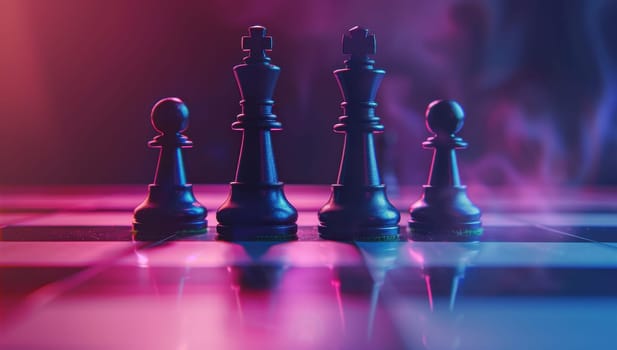 Black chess pieces on a board with dramatic pink and blue lighting, concept of strategy, competition, and intelligence