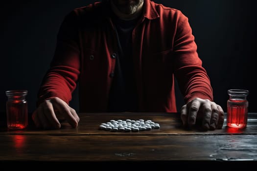 Man struggling with addiction, sitting at a table with pills and red liquid. Concept of drug abuse, overdose, addiction, mental health, despair, and suicide.