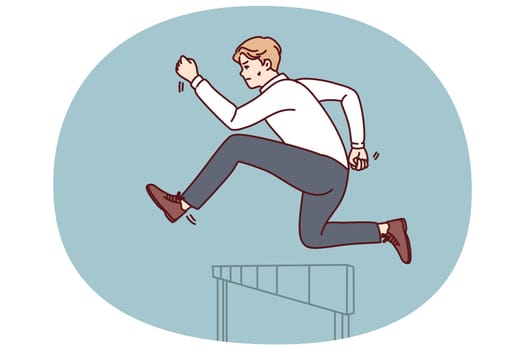 Businessman jumps over obstacle in pursuit of success and new clients for company or record breaking statistics. Purposeful businessman in formal wear running showing leadership skills