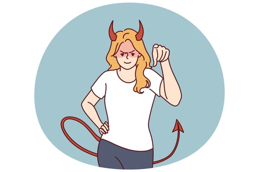 Woman demon with horns and tail points her finger at screen and looks at you aggressively. Evil demon girl threatens or tries to solve problems that have arisen with help of violence and aggression