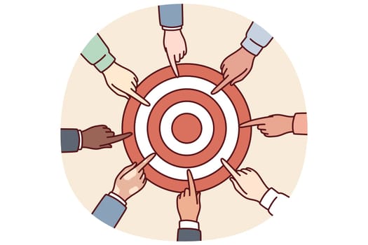 Hands of diverse people near target for concept of collaboration for solving joint task and teamwork in business. Achieving set goals to gain strategic advantages and leadership over competitors