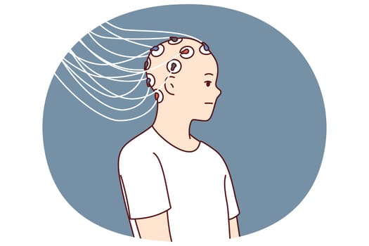 Man with electrodes connected to head to study brain activity and work of neurons or mind control