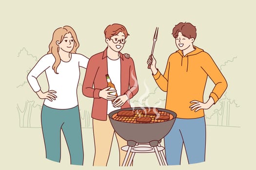 Backyard barbecue party for friends or neighbors grilling meat and drinking beer. Barbecue party in park by two men and woman enjoying outdoors or opportunity to chat with former classmates