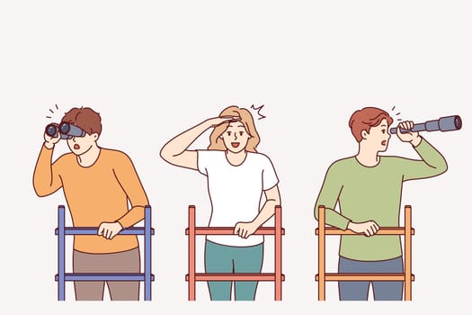 People are looking to future in search of new opportunities and chances for development on career ladder. Woman and men use binoculars and telescope to search for vacancies on labor market