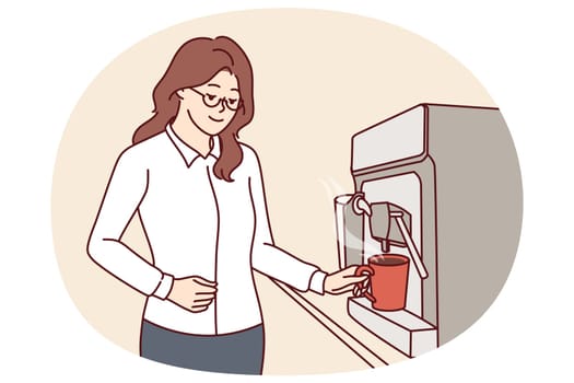 Businesswoman pouring coffee into mug from espresso machine during lunch break in office. Young girl in formal wear takes coffee break to gain energy and work overtime in order to meet deadlines.