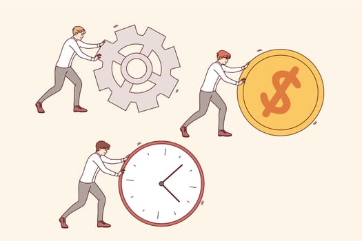 Working to increase productivity of business processes, from managers rolling large clock and coin or gear. Concept of trying to increase company productivity and efficiency by saving time