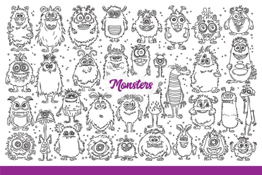 Monsters with scary and funny faces came to life on night of halloween, october 31. Fluffy monsters with surprised or scared and angry faces, from fantasy stories. Hand drawn doodle