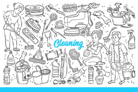 Process of cleaning apartment from housewives or maids doing housework. Manual or electric equipment with chemicals for cleaning and disinfecting premises from dirt and bacteria. Hand drawn doodle