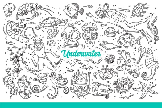 Underwater life tropical ocean with animals and corals near divers with scuba gear or deckhouses. Underwater bathyscaphe with scientists explores flora and fauna inhabiting seabed. Hand drawn doodle