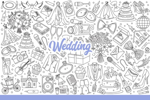 Wedding items for marriage ceremony of bride and groom and bridal party for guests. Festive wardrobe elements or food with flowers for wedding invitation design. Hand drawn doodle.