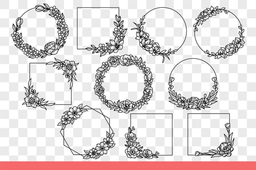Floral frames for portraits or wedding invitation designs, in circle and square shapes. Frames of wreaths with flowering plants for making cards for women holidays. Hand drawn doodle