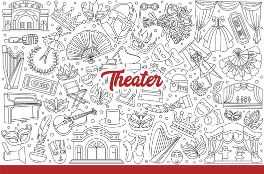 Theatr decoration and equipment or clothing for performers performing in front of audience. Musical instruments and masks or dolls with props for theatr production. Hand drawn doodle