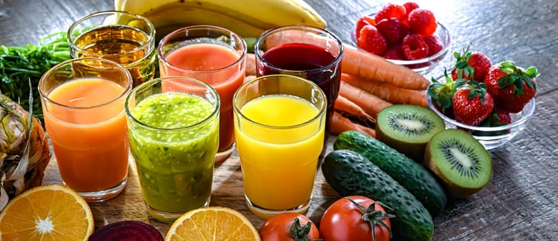 Glasses with fresh organic vegetable and fruit juices. Detox diet