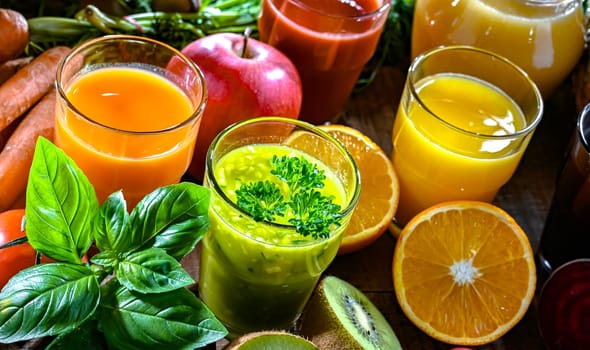 Glasses with fresh organic vegetable and fruit juices. Detox diet