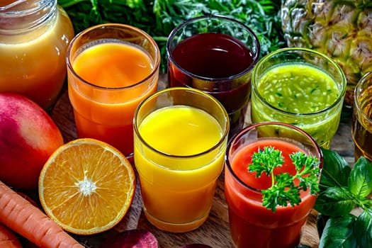 Glasses with fresh organic vegetable and fruit juices. Detox diet