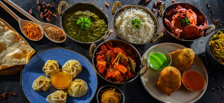 Composition with indian dishes: samosa, pakora, palak paneer, jalfrezi, thukpa and naan bread