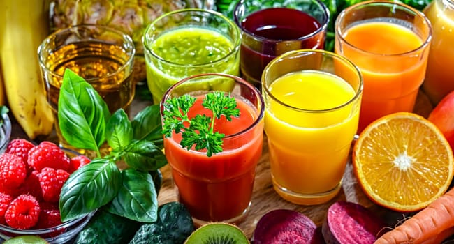 Glasses with fresh organic vegetable and fruit juices. Detox diet