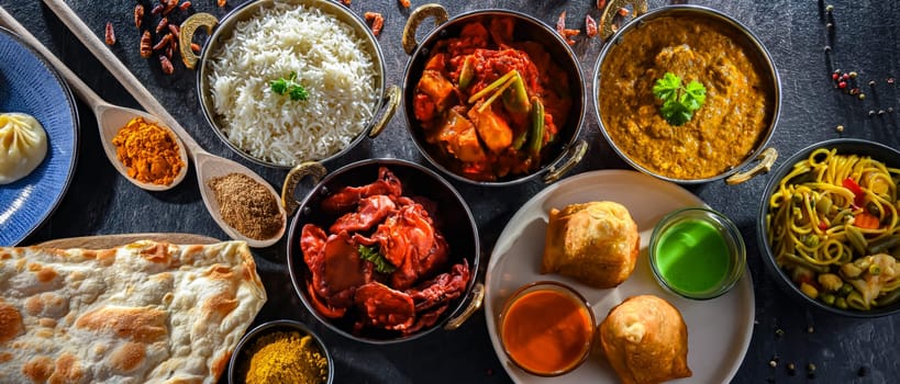 Composition with indian dishes: samosa, pakora, palak paneer, jalfrezi, thukpa and naan bread