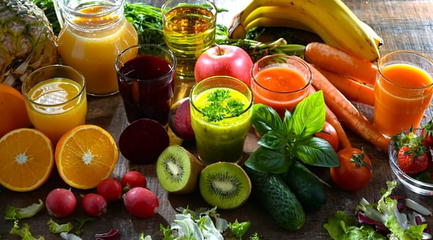 Glasses with fresh organic vegetable and fruit juices. Detox diet