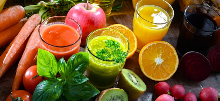 Glasses with fresh organic vegetable and fruit juices. Detox diet
