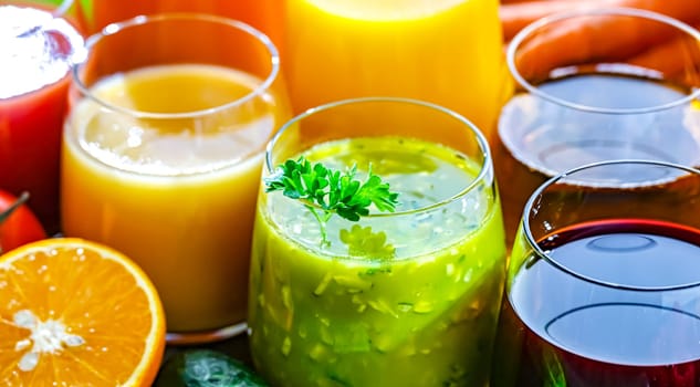 Glasses with fresh organic vegetable and fruit juices. Detox diet